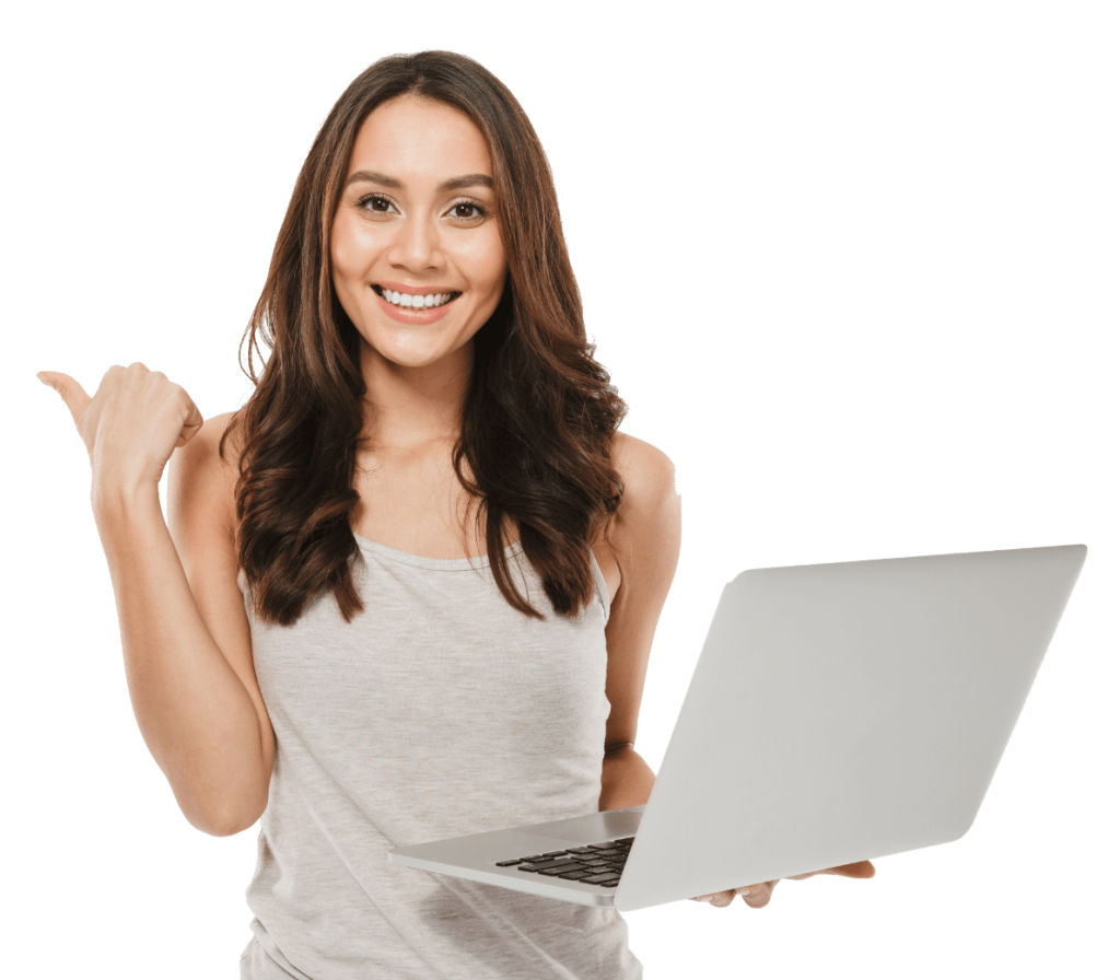 Young woman with laptop smiling and pointing